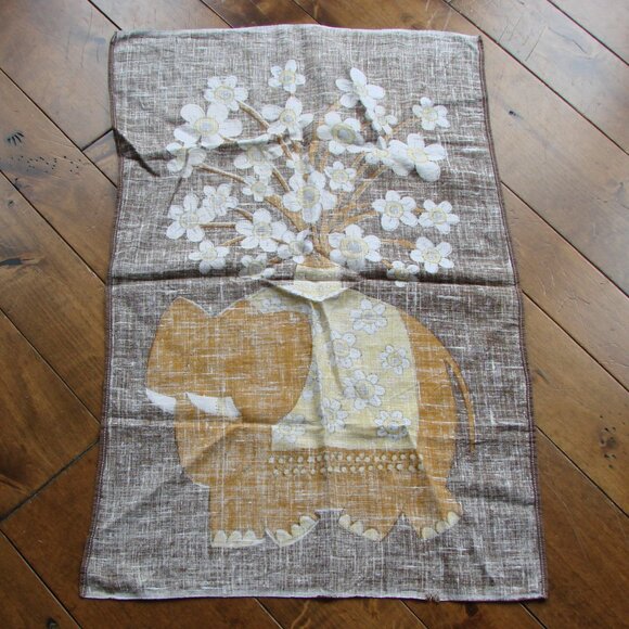Vintage 70s Linen Kitchen Tea Towel Elephant Flowers Hand Printed - Picture 9 of 9